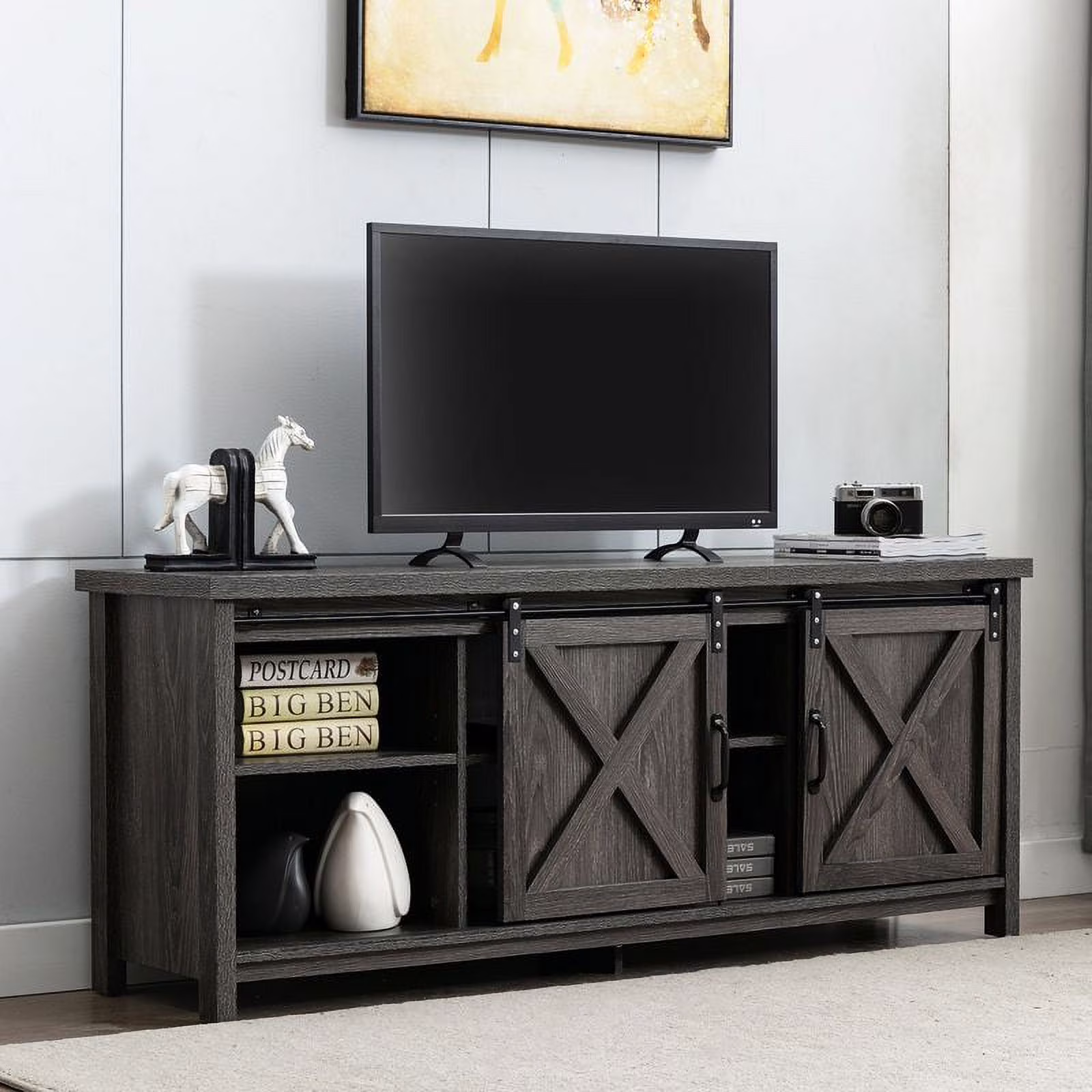 Yaoping 58" Farmhouse Sliding Barn Door TV Stand for TVs Up to 65" Television Cabinet(Dark gray)
