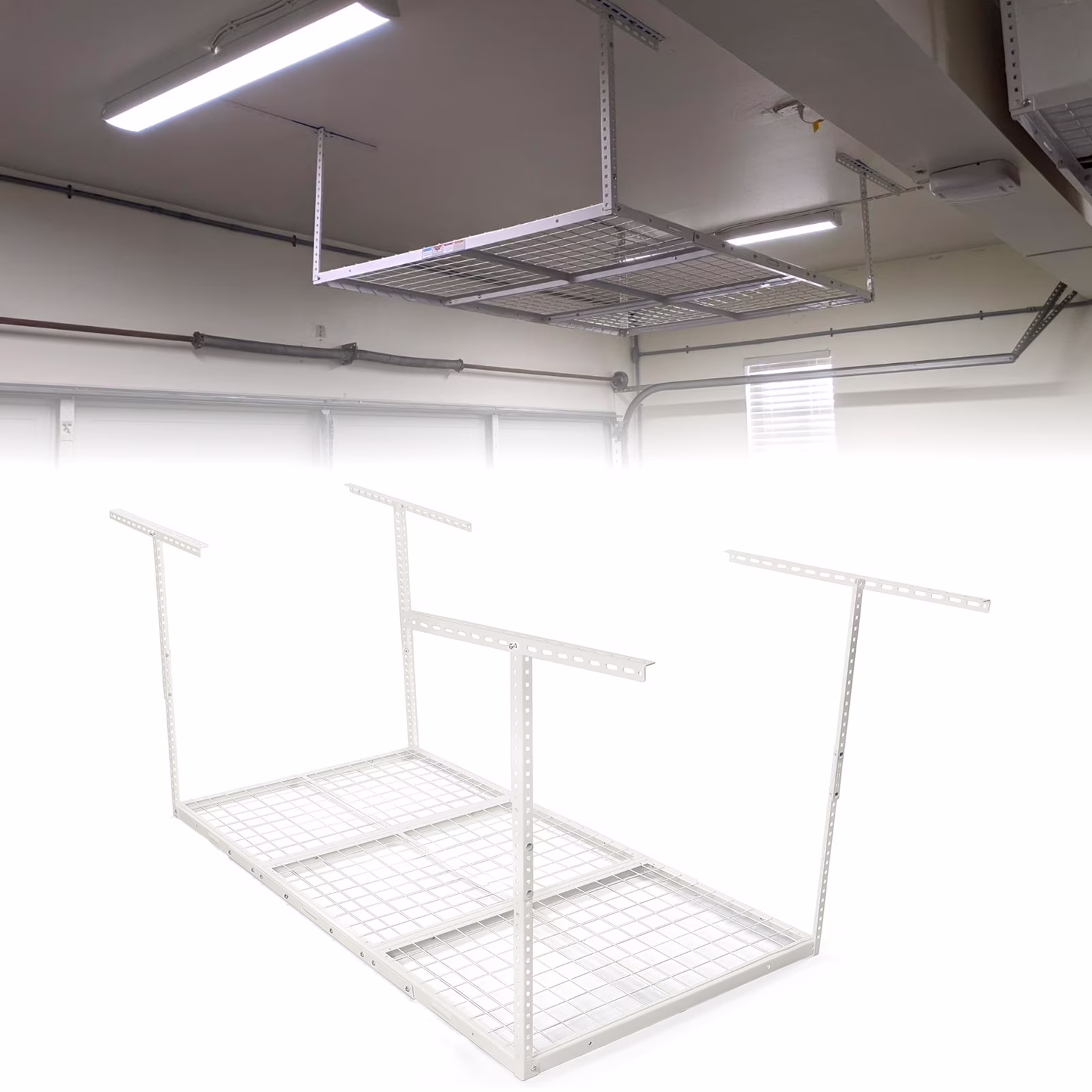 Kojem 3x6 Overhead Garage Storage Adjustable Ceiling Storage Rack, 72" Length x 36" Width x 40" Height, White