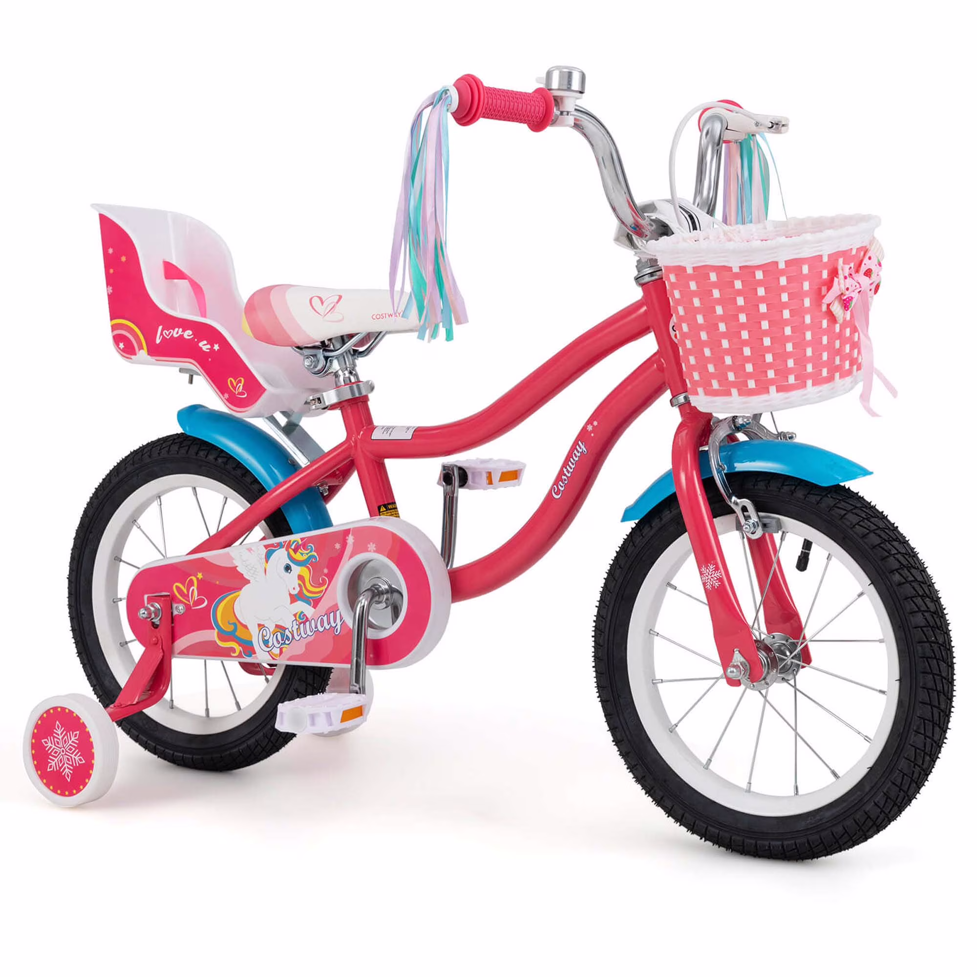 Costway 14 Inch Kids Bike with Basket Doll Seat & Colorful Streamers 2 Training Wheels Pink