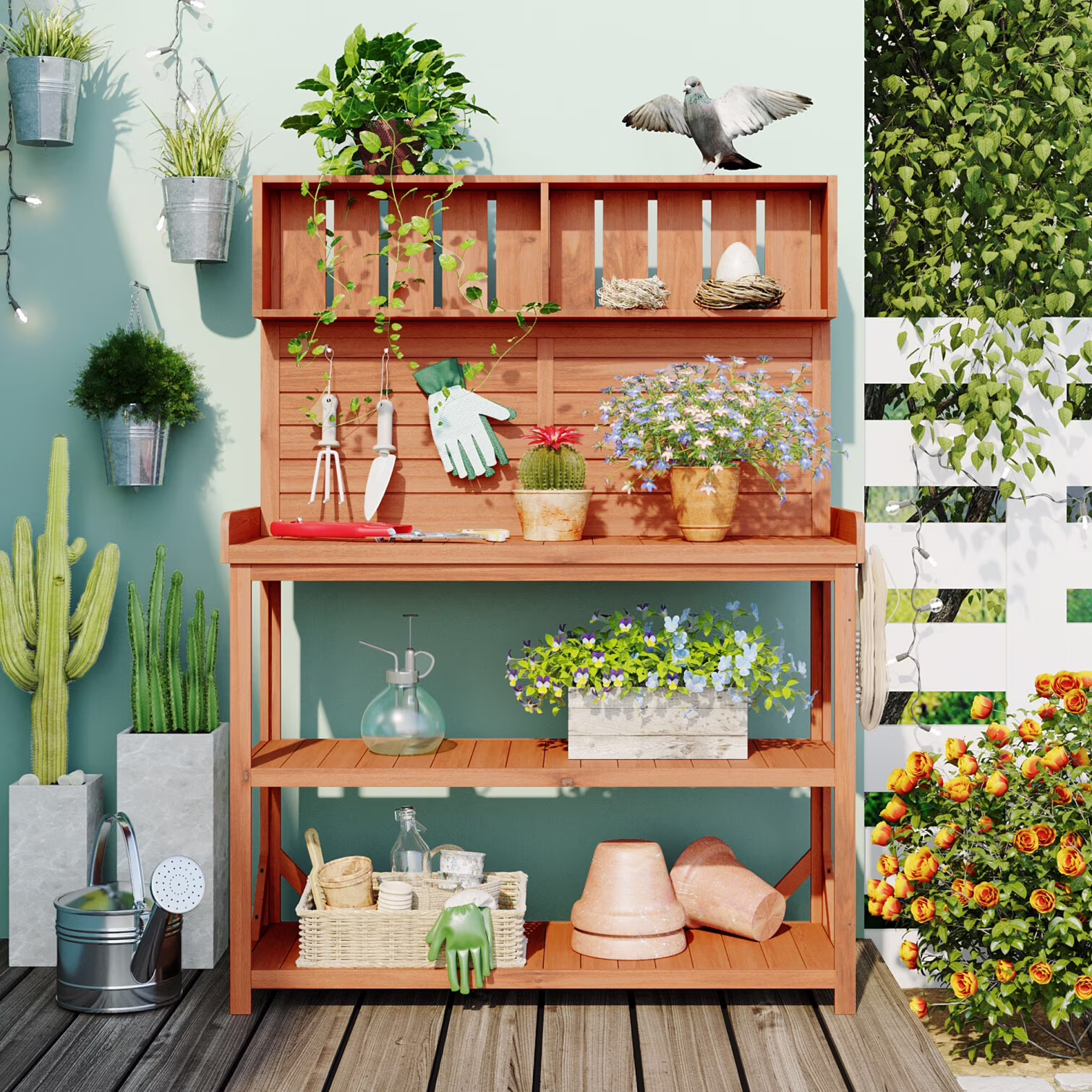 65" Large Outdoor Potting Bench Table, Wooden Farmhouse Rustic Patio Workstation with 4 Storage Shelves and Side Hook, Garden Potting Bench Station, Natural
