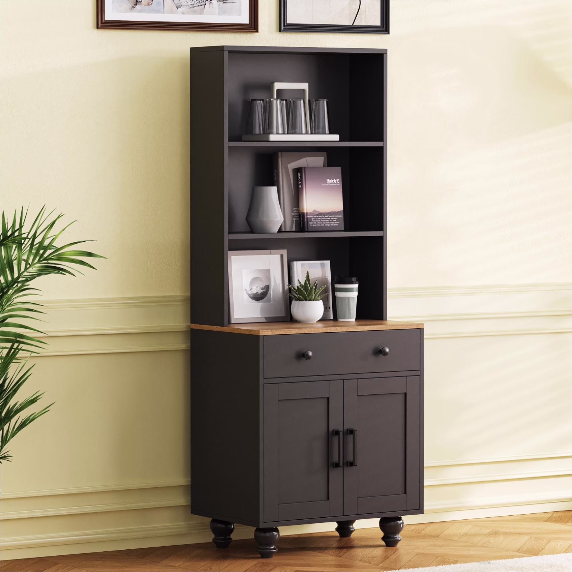 Cterwk Storage Cabinet with 2 Doors and 1 Drawer, Kitchen Pantry Cabinet with Shelves, 5 Tier Bookshelf for Living Room, Office, Black