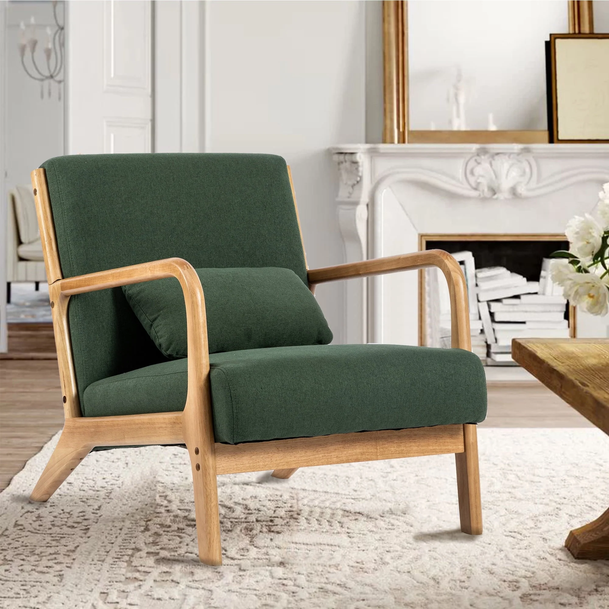 25.6" Wide Classic Modern Design Linen Upholstered Solid Wood Accent Armchair with Pillow,Green