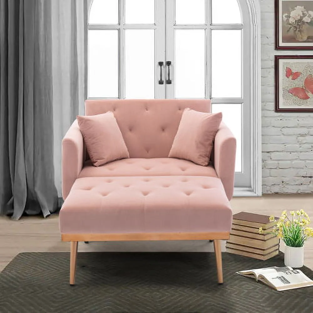 Velvet 2 in 1 Chaise Lounge Indoor Sleeper Chair, Convertible Chairs into Beds with 2 Pillows, Comfy Tufted Sleeper Chair for Bedroom, Living Room, Pink