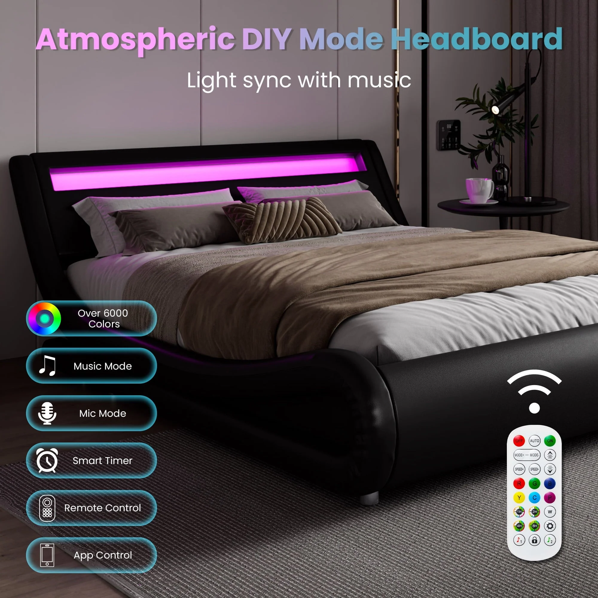 Amolife Queen Size Wave-Like Curve Deluxe Upholstered Modern Bed Frame with LED Headboard,Black