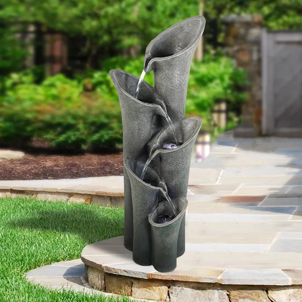 5-Tier Outdoor Water Fountains with LED Lights, 40" High Waterfalls Outdoor Water Feature for Garden Yard Patio Deck Home