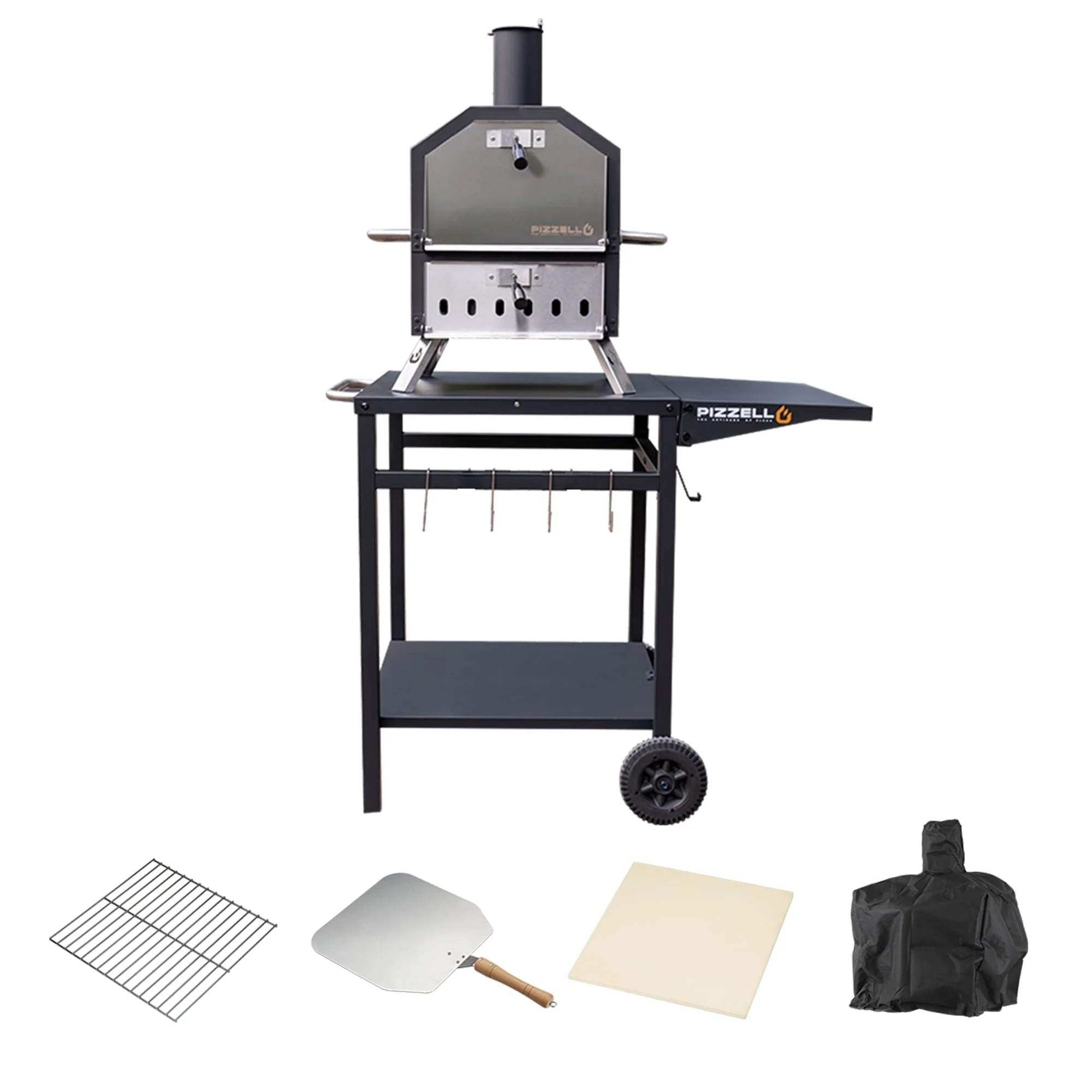 Pizzello Outdoor Pizza Oven 12" Wood Fired 2-layer Design + Grill Stand Cart Convertible Countertop