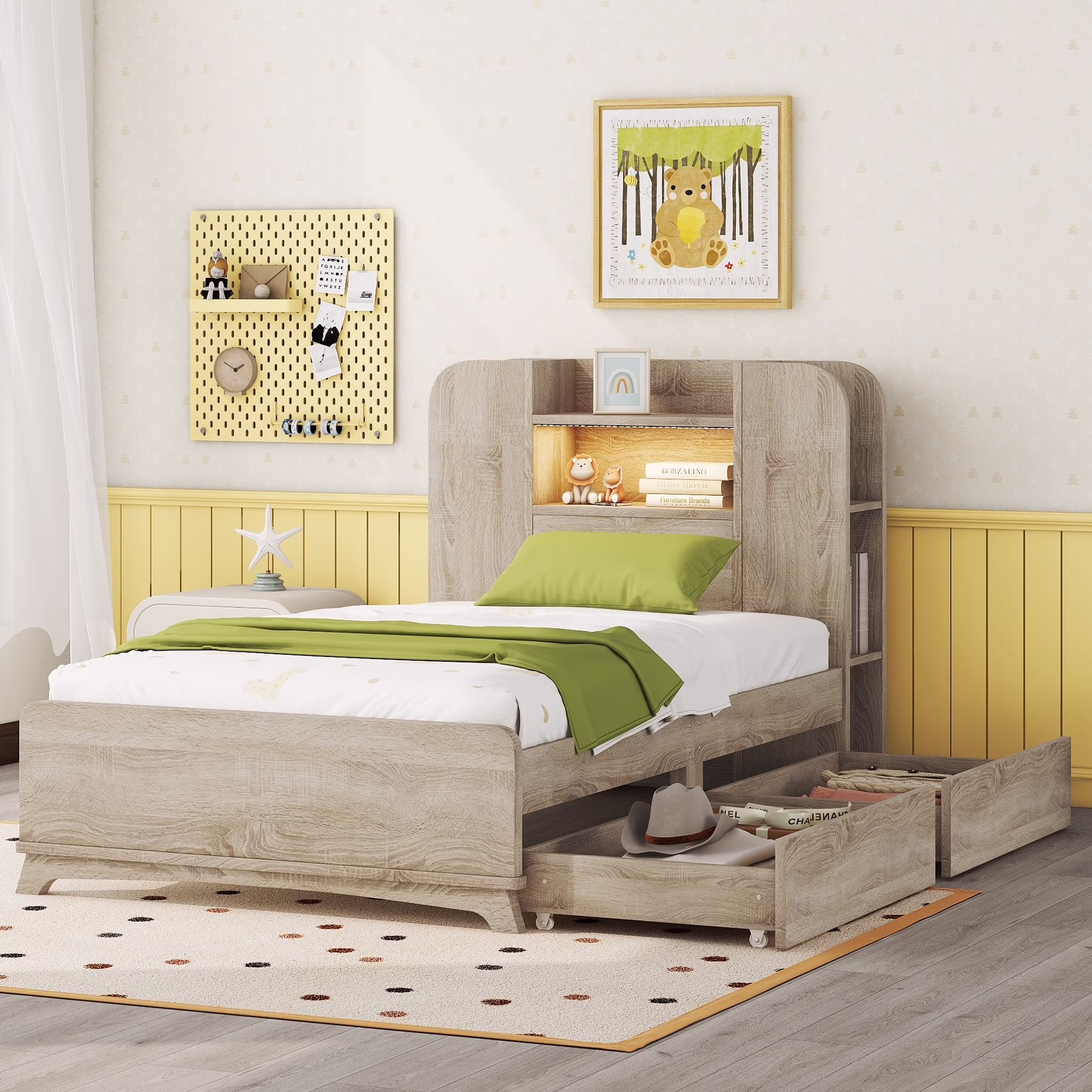 Euroco Wood Twin Platform Bed with Bookcase and 2 Drawers, Oak